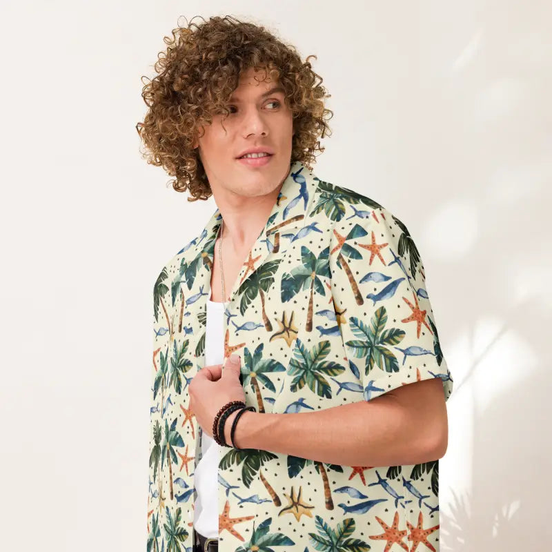 Unisex Button Shirt with Palm Trees and Beach Vibes Machine Wash Dry Clean Hand Wash