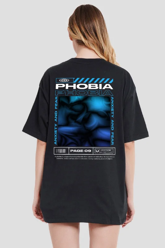 Phobia Black Printed T-Shirt Women Oversized Fit Collared T-Shirt Boat Neck A-Line