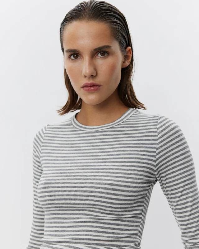 PETRICIASW STRIPE T-SHIRT LONG SLEEVE - Grey Striped Asymmetrical Pockets Print