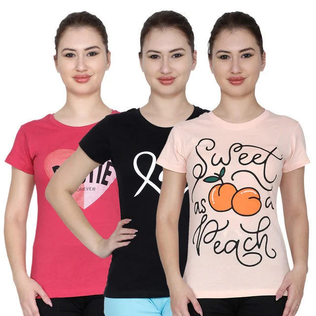 T.T. Women Printed Slim Fit Tshirt Pack Of 3 Peach::Black::Fuschia Layered Multi-layer Single Layer