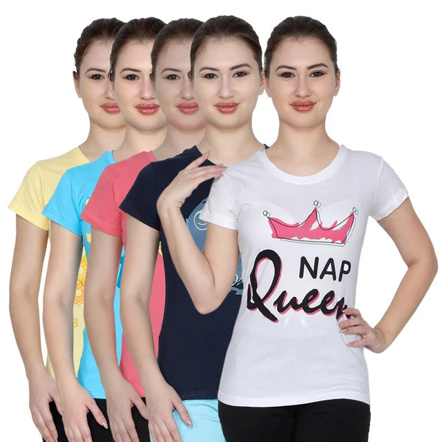 T.T. Women Printed Slim Fit Tshirt Pack Of 5 Assorted Chenille Blend Fleece Blend Nylon Blend