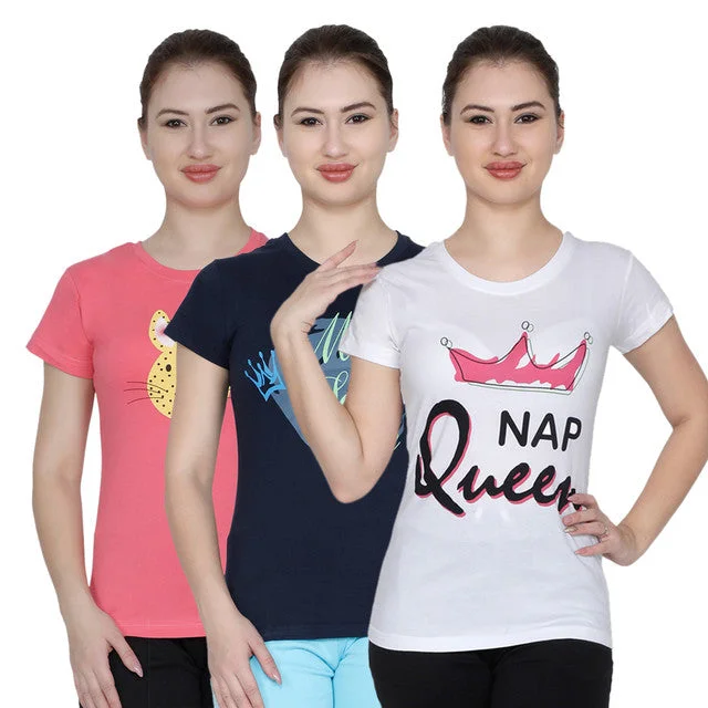 T.T. Women Printed Slim Fit Tshirt Pack Of 3 White::Navy::Coral Fitted T-Shirt Seamless Stretchy