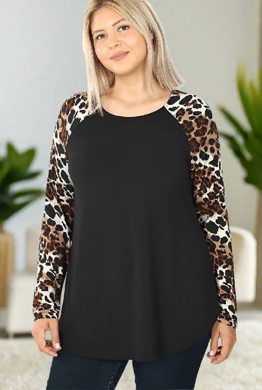 Womens Cheetah Sleeve Top, Long Sleeve Fall Raglan Shirt, Plus Sizes 1xl/2xl/3xl, Black/Brown Collared Crew Neck Turtle Neck