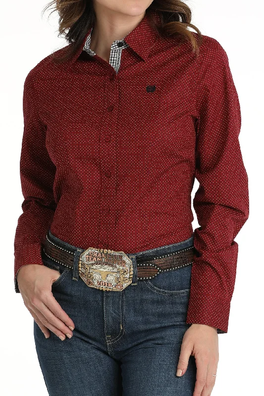 Women's Cinch MSW9165059 Red Print Button Down Western Shirt Wool Fabric Cashmere Fabric Tweed Fabric