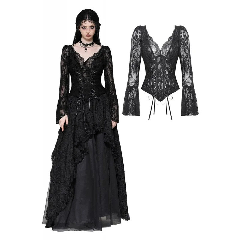 Women's Gothic Lace Lace-up Long Sleeved Shirt V-Neck T-Shirt Long Sleeve Cotton