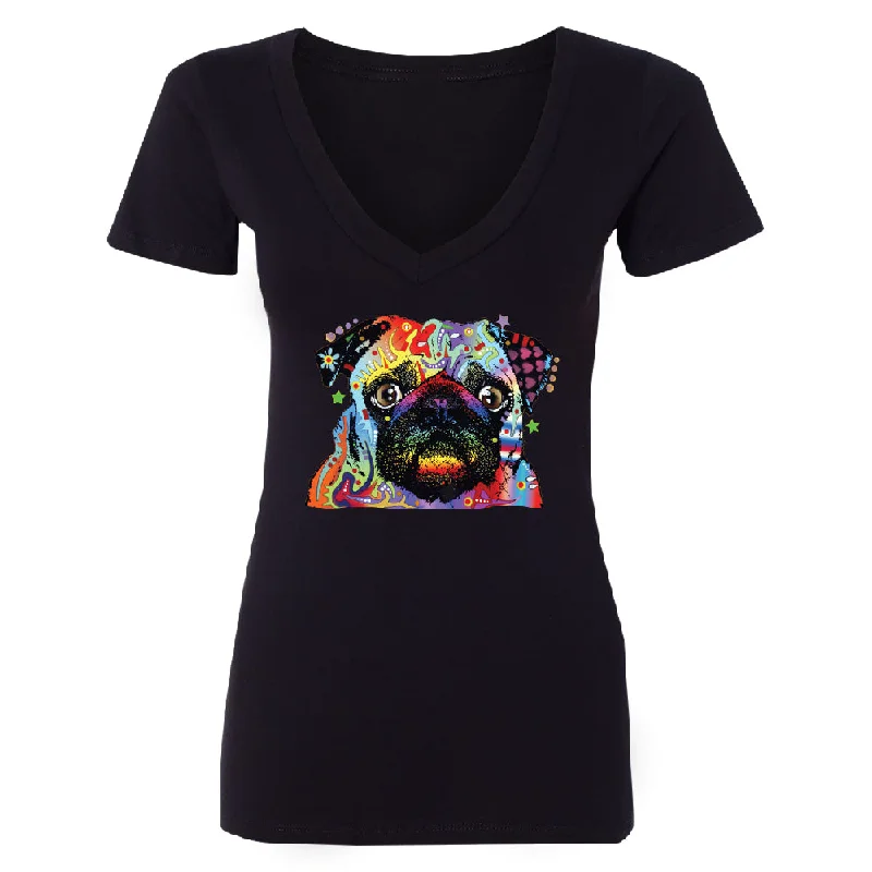 Zexpa Apparelâ„¢ Official Dean Russo Colorful Pug Women's Deep V-neck Neon Cute Dog Tee Fleece Fabric Down Fabric Feather Fabric