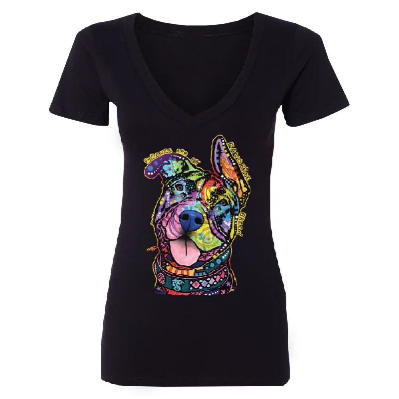 Zexpa Apparelâ„¢ Official Dean Russo Rescues Dog Women's Deep V-neck Colorful Cute Dog Tee Rayon Velvet Corduroy