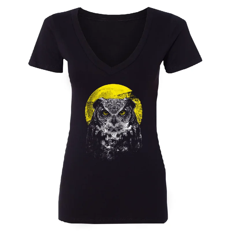 Zexpa Apparelâ„¢ Night Warrior Owl Women's Deep V-neck Full Moon Angry Owl Tee Cashmere Blend Cotton Blend Poly Blend