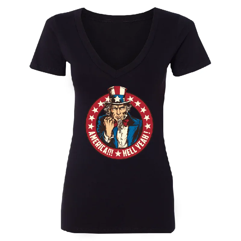 Zexpa Apparelâ„¢ Patriotic America Hell Yeah Women's Deep V-neck America 4th of July USA Tee Welt Pockets Slit Pockets