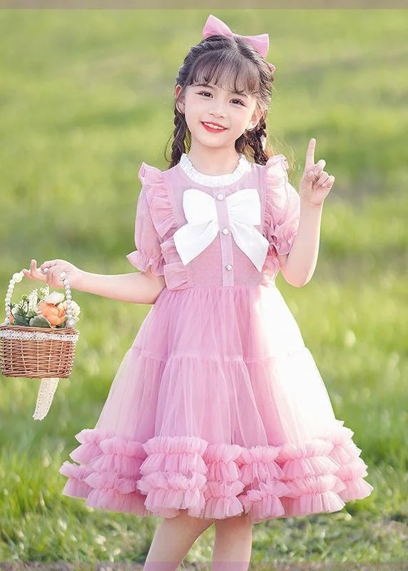 2024 New Pink O-Neck Bow Ruffled Patchwork Tulle Kids Maxi Dress Summer EW022 Elegant Tiered Maxi Dress