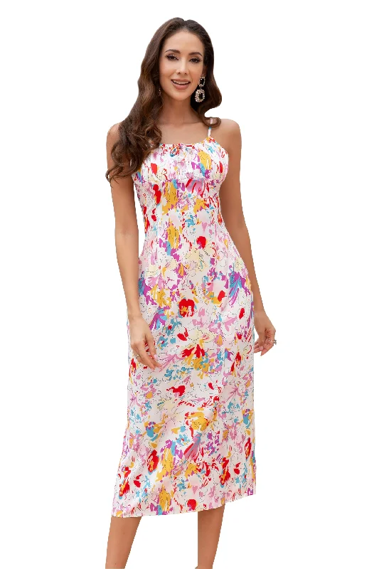 Women Maxi Floral Straight Neck Smocked tied Maxi Dress-White Trendy Floral Print Maxi Dress