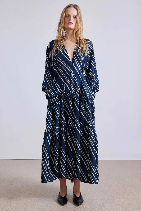 Apiece Apart Trinidad Maxi Dress in Navy Bias Stylish Maxi Dress with Frills