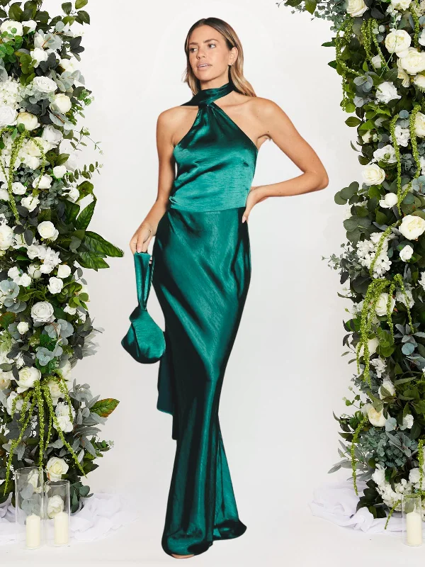 Asymmetric Scarf Satin Maxi Dress / Emerald Green Trendy Button Front Maxi Dress