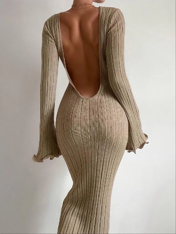 Sexy Bodycon Women Clothing Ruffled Long Sleeve Knitted Maxi Dress Trendy Off-Shoulder Ruffle Maxi Dress