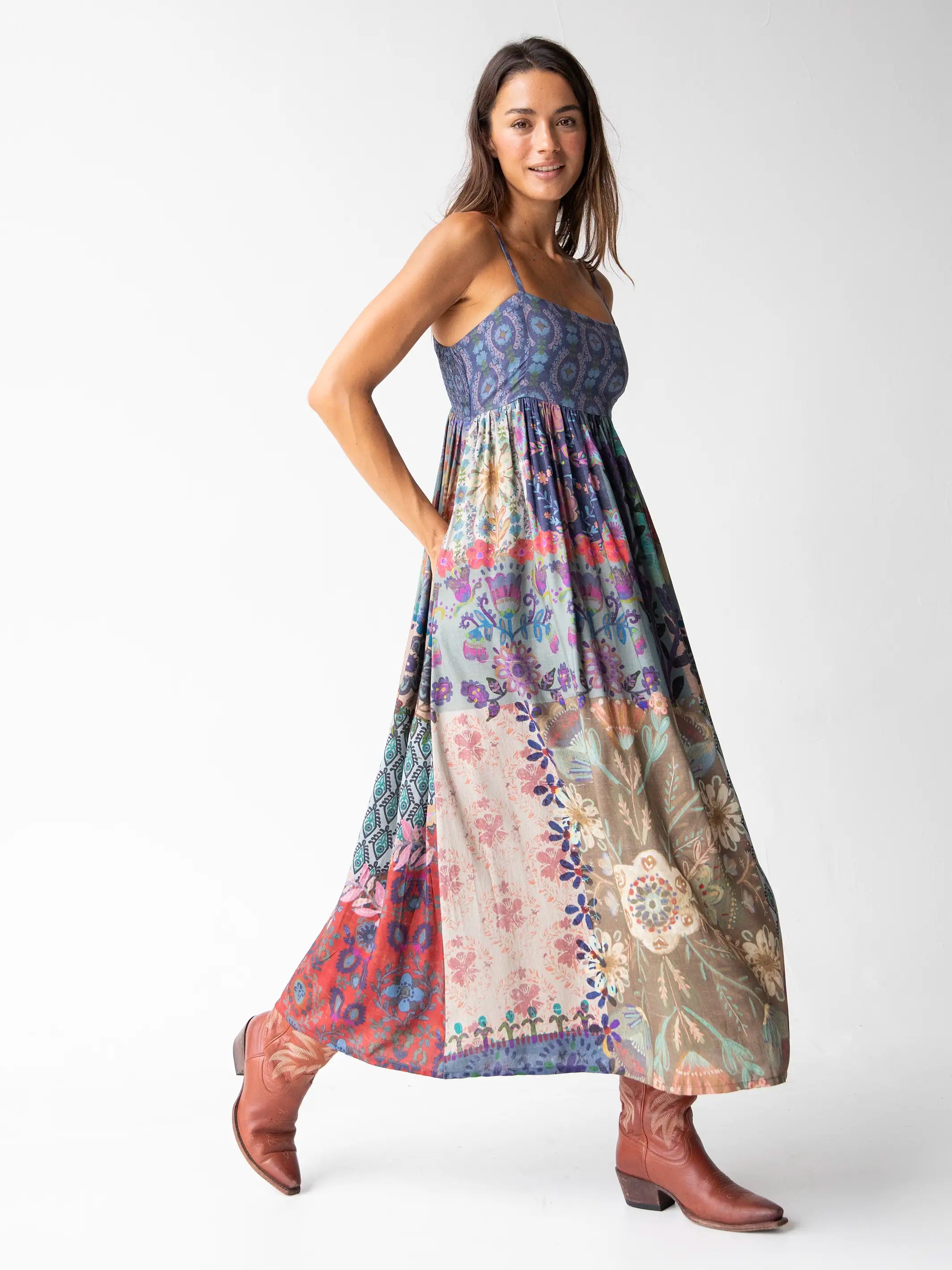 Bailey Maxi Dress - Blue Patchwork Trendy V-Neck Maxi Dress