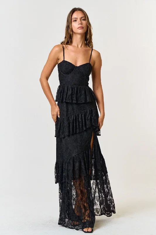 Black Bustier Lace Tiered Ruffled Maxi Dress Stylish A-Line Maxi Dress