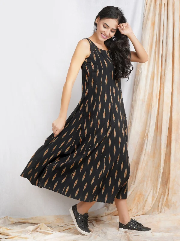 Black Ikat Cotton 'Reeva' Maxi Dress Stylish Longline Maxi Dress