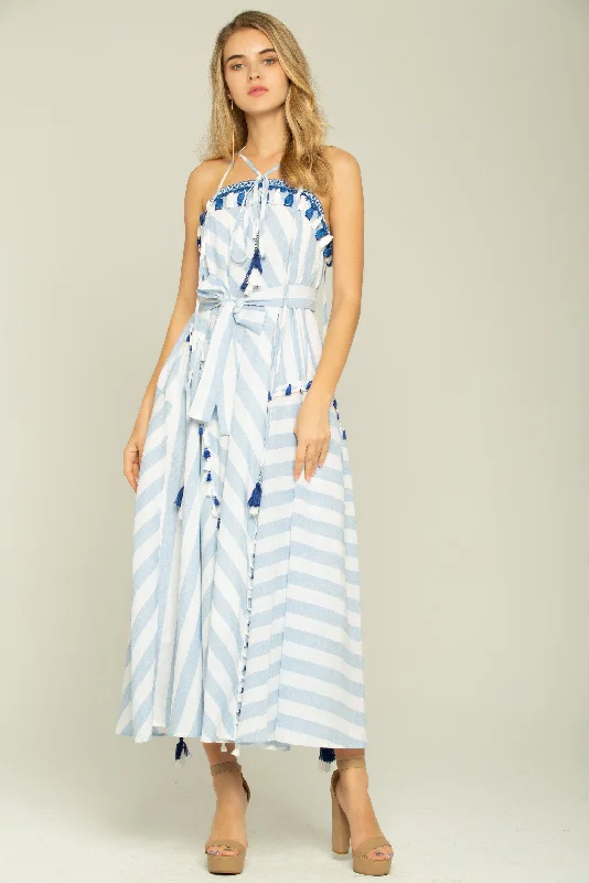 Blue and White Asymmetrical Stripes Maxi Dress Fashionable Maxi Dress with Fringe