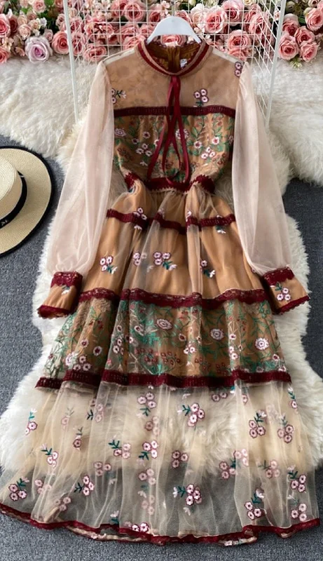 Bohemian Elegant See Through Long Lantern Sleeve Mesh Dress, Flower Embroidery Lace High Waist Bohemian Maxi Dress Stylish A-Line Maxi Dress