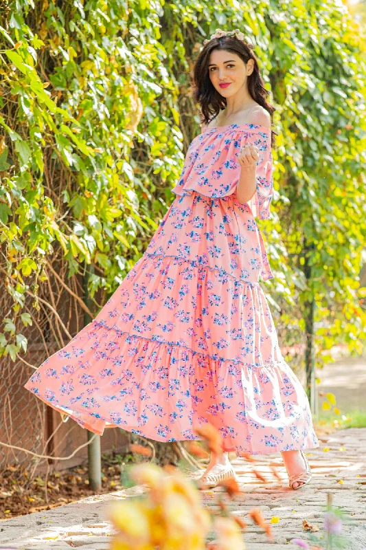 Botanical Pink Off-Shoulder Maternity Maxi Dress Cozy Longline Maxi Dress