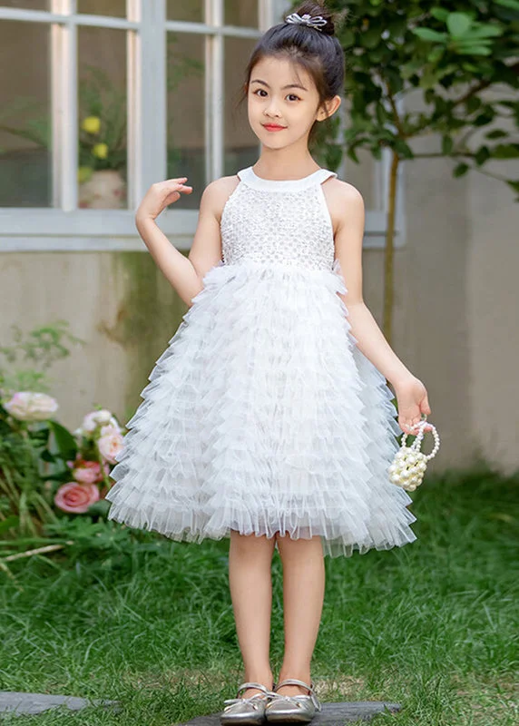 Brief White Bow Patchwork Tulle Kids Maxi Dress Summer EW029 Classic Solid Maxi Dress