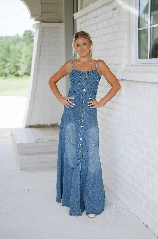 Button Down Maxi Dress-Denim Comfortable Maxi Dress with Sleeves