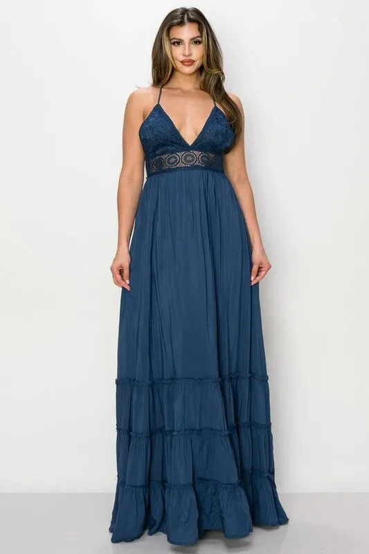 Chrochet Maxi Dress Navy Comfortable Fitted Maxi Dress