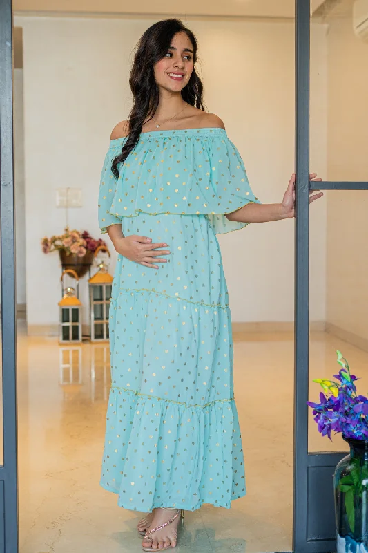 Classy Mint Love Off-Shoulder Chiffon Maternity Maxi Dress Stylish A-Line Maxi Dress