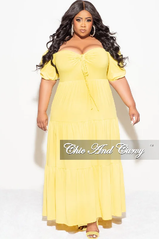 Final Sale Plus Size Short Sleeve Tiered Maxi Dress in Yellow Stylish Button-Up Maxi Dress