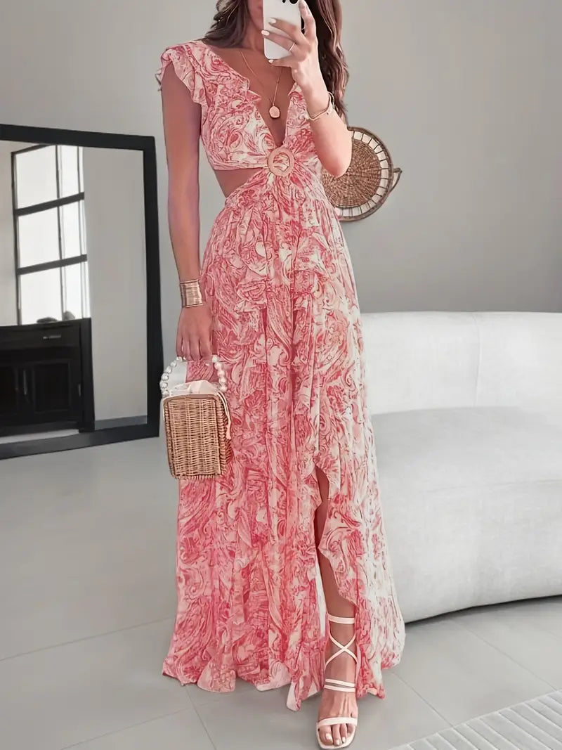 Cut-Out Waist Design Elegant Floral Maxi Dress Cozy Cold-Shoulder Maxi Dress