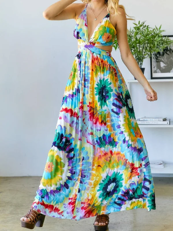 Colorful Floral Print Tie-Dye  Maxi Dress Classic A-Line Maxi Dress