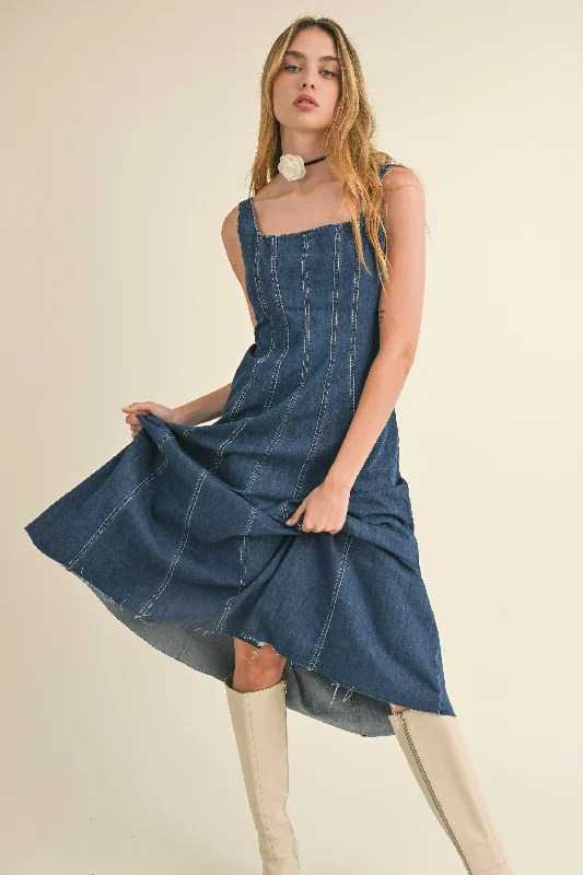 Dark Wash Denim Paneled Maxi Dress Fashionable High-Waist Maxi Dress