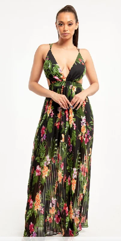 Deep V Floral Maxi Dress Miss Avenue 2523 Stylish Pleated A-Line Maxi Dress