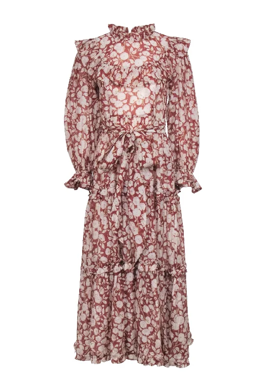 Doen - Rust Red & Cream Floral Print Long Sleeve Maxi Dress Sz M Cozy Cold-Shoulder Maxi Dress