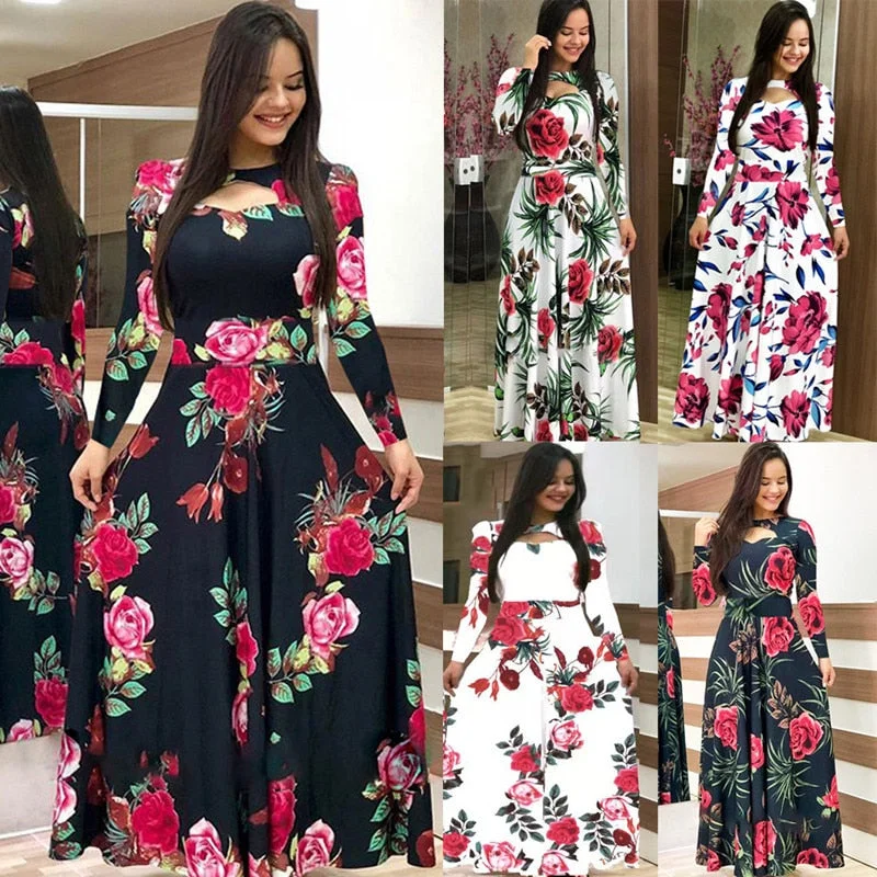 Elegant autumn Women's Dress 2020 Casual Bohemia Flower Print Maxi Dresses Fashion Hollow Out Tunic Vestidos Dress Plus Size 5XL Elegant Tiered Maxi Dress