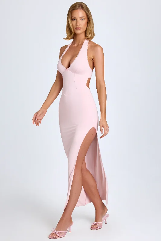 Modal Lace-Trim Halterneck Maxi Dress in Blush Elegant Sleeveless Maxi Dress