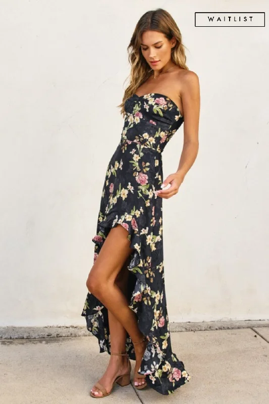 Waitlist 2/5 ♥ Emmy Sleeveless Floral Print Asymmetrical Hem Maxi Dress Black Cozy Maxi Dress with Slit