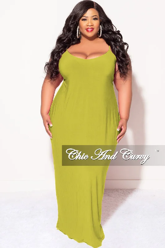 Final Sale Plus Size Spaghetti Strap Maxi Dress in Lime Fashionable Button-Down Maxi Dress