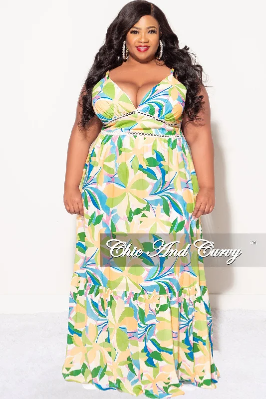 Final Sale Plus Size Sleeveless Tiered Maxi Dress In Yellow and Green Floral Multi Color Print Comfortable Long-Sleeve Maxi Dress