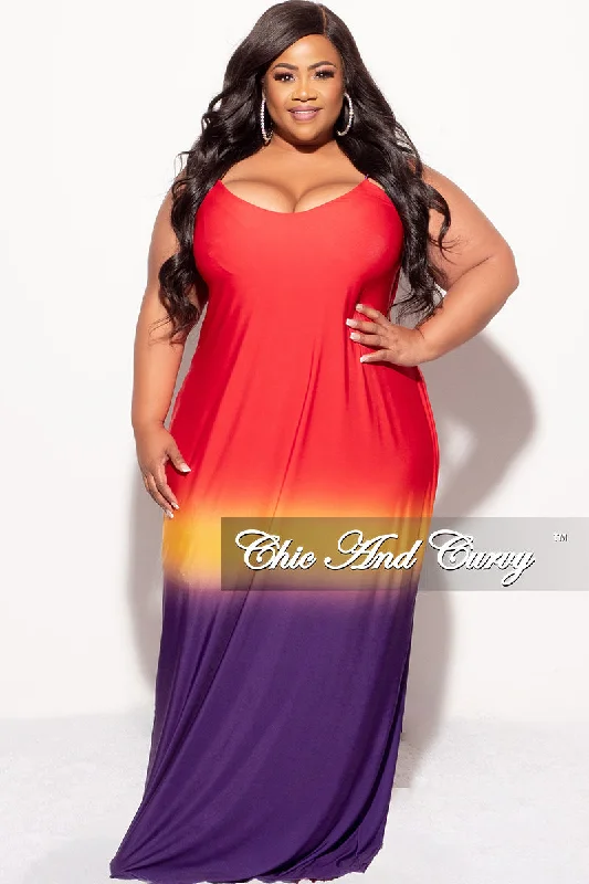 Final Sale Plus Size Spaghetti Strap Maxi Dress Red Mustard and Purple Trendy Ruffled Maxi Dress