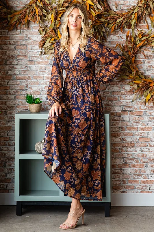 First Love Floral Print Surplice Smocked Waist Maxi Dress - Curvy Size Fashionable Chiffon Maxi Dress