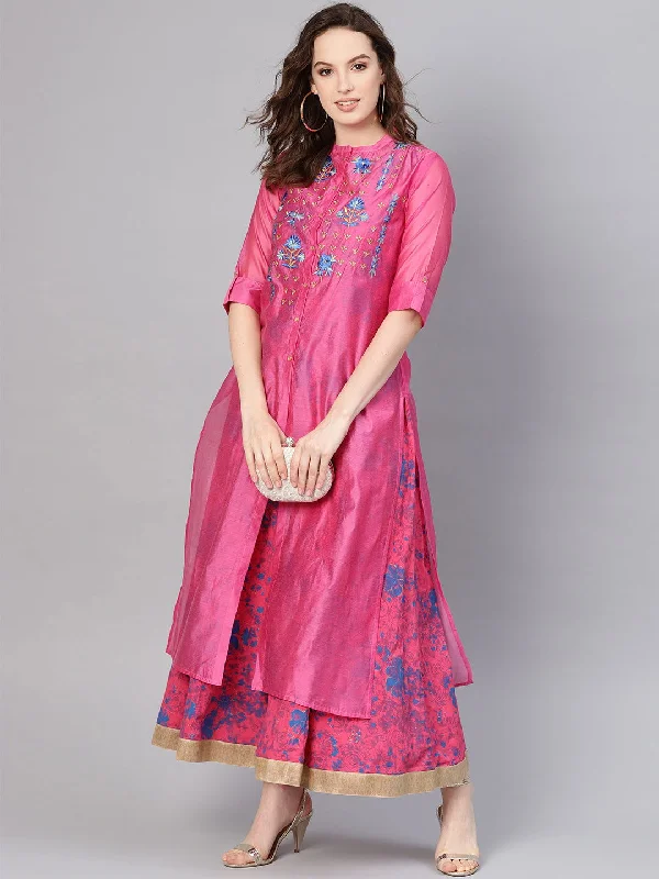 Jashvi Fuchsia Chanderi Ethnic Motif Printed Layered Maxi Dress With Thread Work Embroidery Stylish V-Neck Maxi Dress