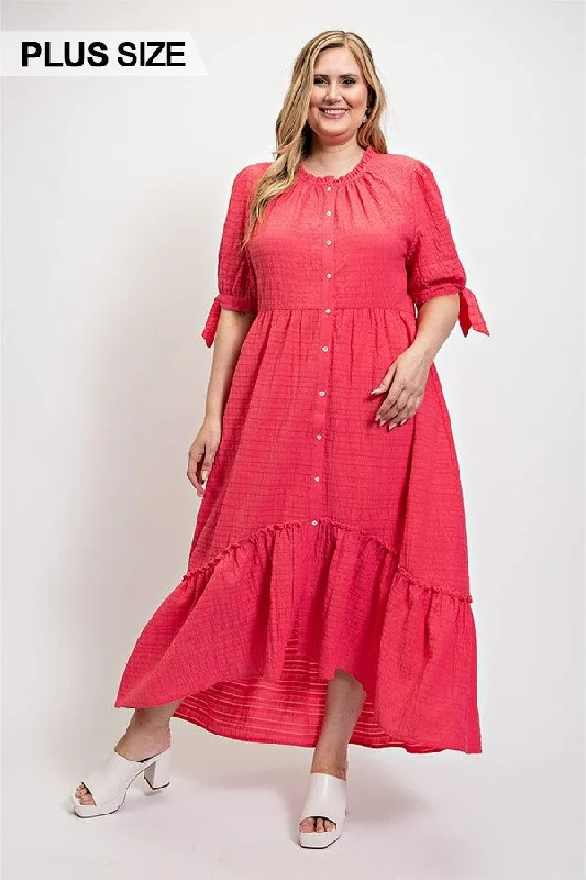 Solid Textured Button Down And Hi - Low Hem Maxi Dress With Tie Sleeve And Slip Dress Casual Maxi Dress with Pockets