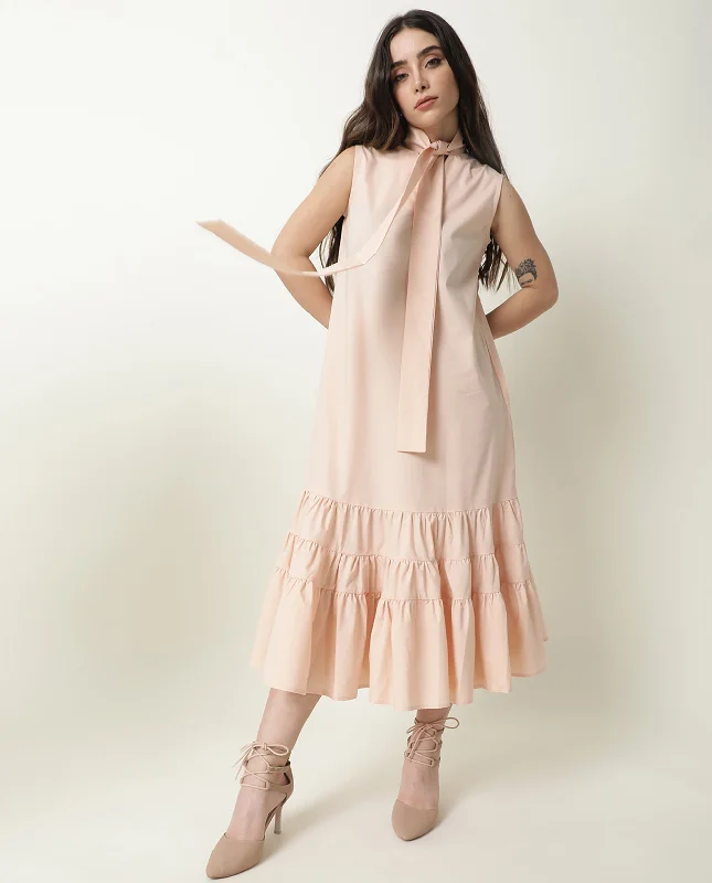 Rareism Women Gino Light Peach Tie Up Neck Sleeveless With Ruffled Hem And Pockets Maxi Dress Cozy Ruffle Sleeve Maxi Dress