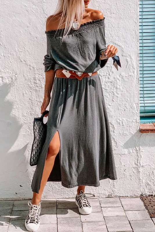 Gray Off Shoulder Maxi Dress with Split Trendy V-Neck Maxi Dress