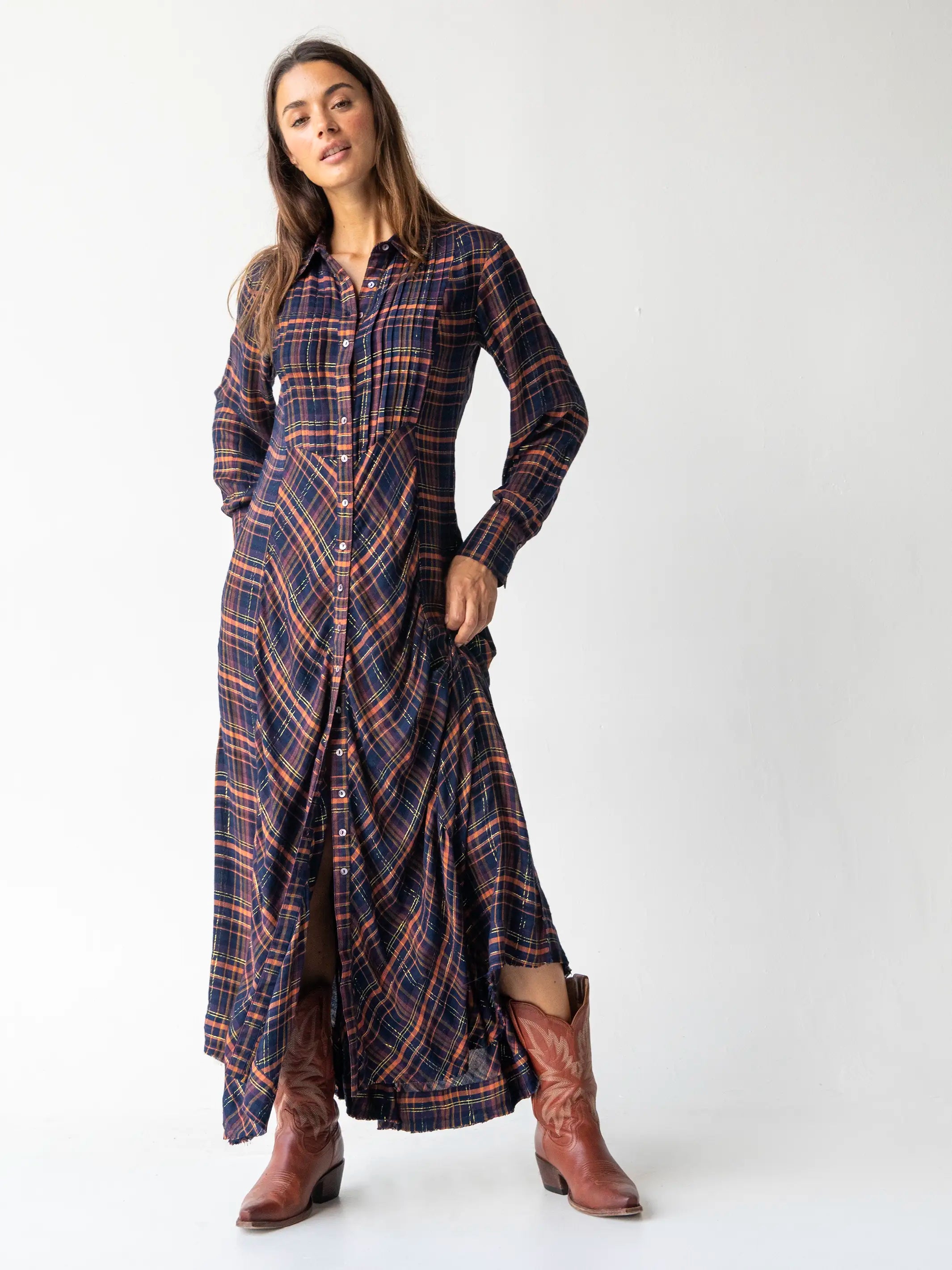 Hailee Maxi Dress - Navy Orange Plaid Elegant Maxi Dress with Drapes