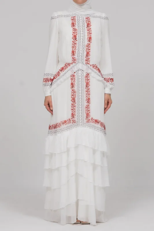 In Style chiffon long sleeve maxi dress with frills in tatreez print ecru white Chic Sleeveless Maxi Dress