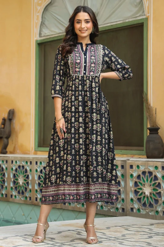 Jashvi Dark Blue Ethnic Motif Printed Rayon Maxi Dress with Lace Work Comfortable Long-Sleeve Maxi Dress