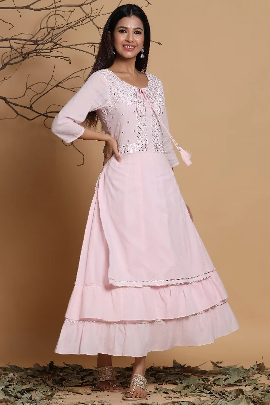 Jashvi Pink Cotton Embroidered Layered Maxi Dress With Dori Tassels Stylish Maxi Dress with Frills