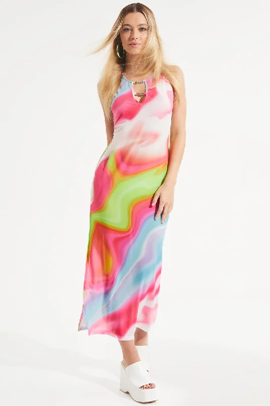 Mesh Swirl Maxi Dress Stylish Pleated A-Line Maxi Dress